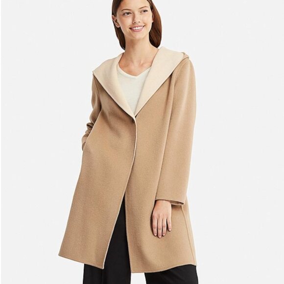 Uniqlo Women Double Face Hooded Wool Coat Tan/Beige Small - Picture 1 of 9